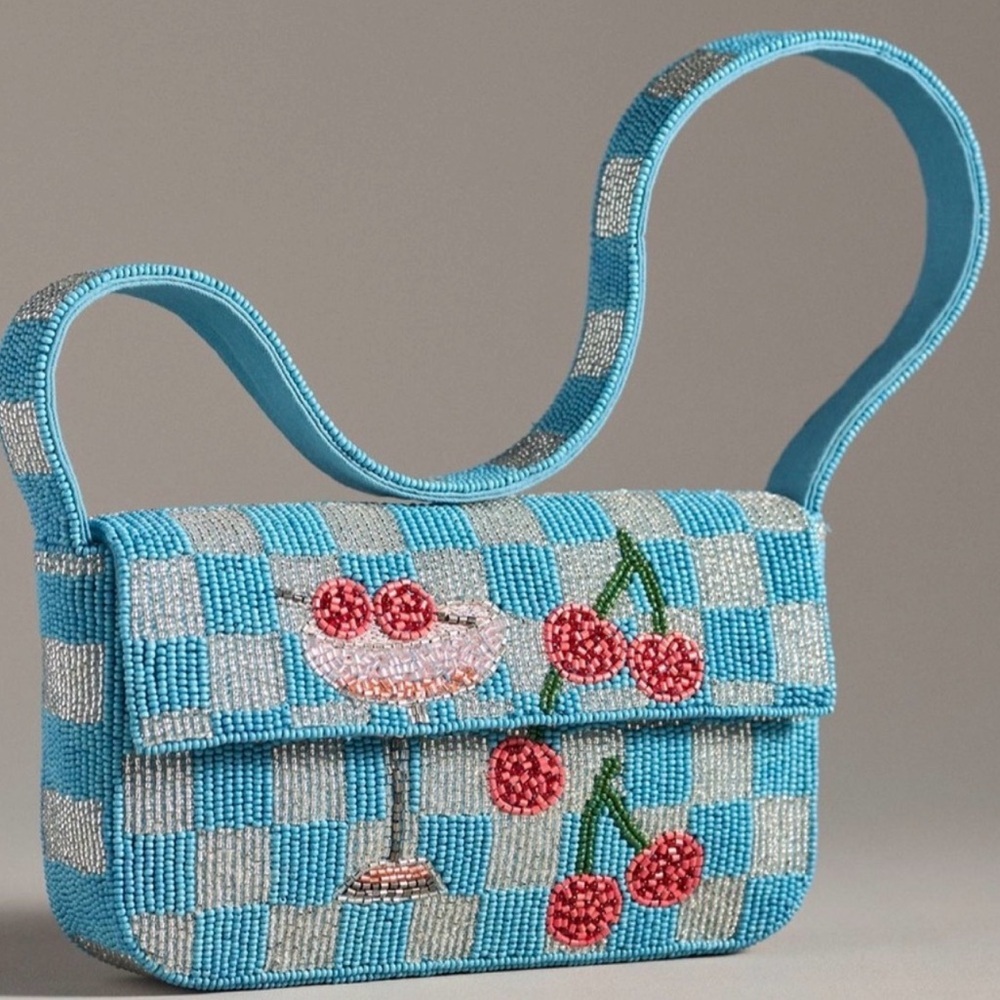 Anthropologie The Fiona Beaded Bag Food Drink Edition Cocktail Cherries Blue New - Picture 9 of 9